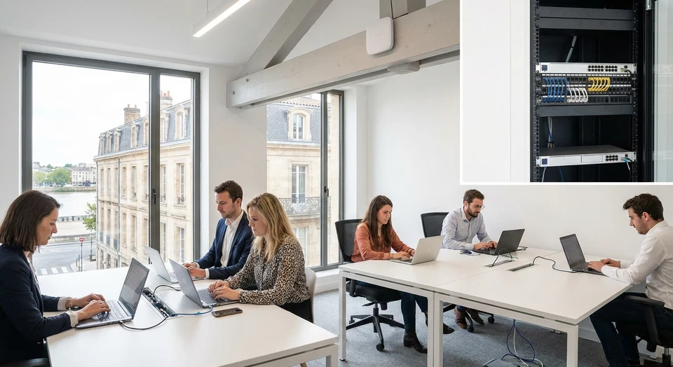 Intérieur d'un bureau professionnel moderne avec des prises de courant faible (Ethernet, câbles réseau) intégrées discrètement dans les murs ou meubles, montrant une installation de réseau de communication fonctionnelle et bien intégrée à l'espace de travail. L'image doit montrer un environnement réel d'utilisation professionnelle, avec des détails visibles d'infrastructure réseau adaptée aux usages (câblage organisé, points d'accès bien positionnés, équipements discrets et professionnels).